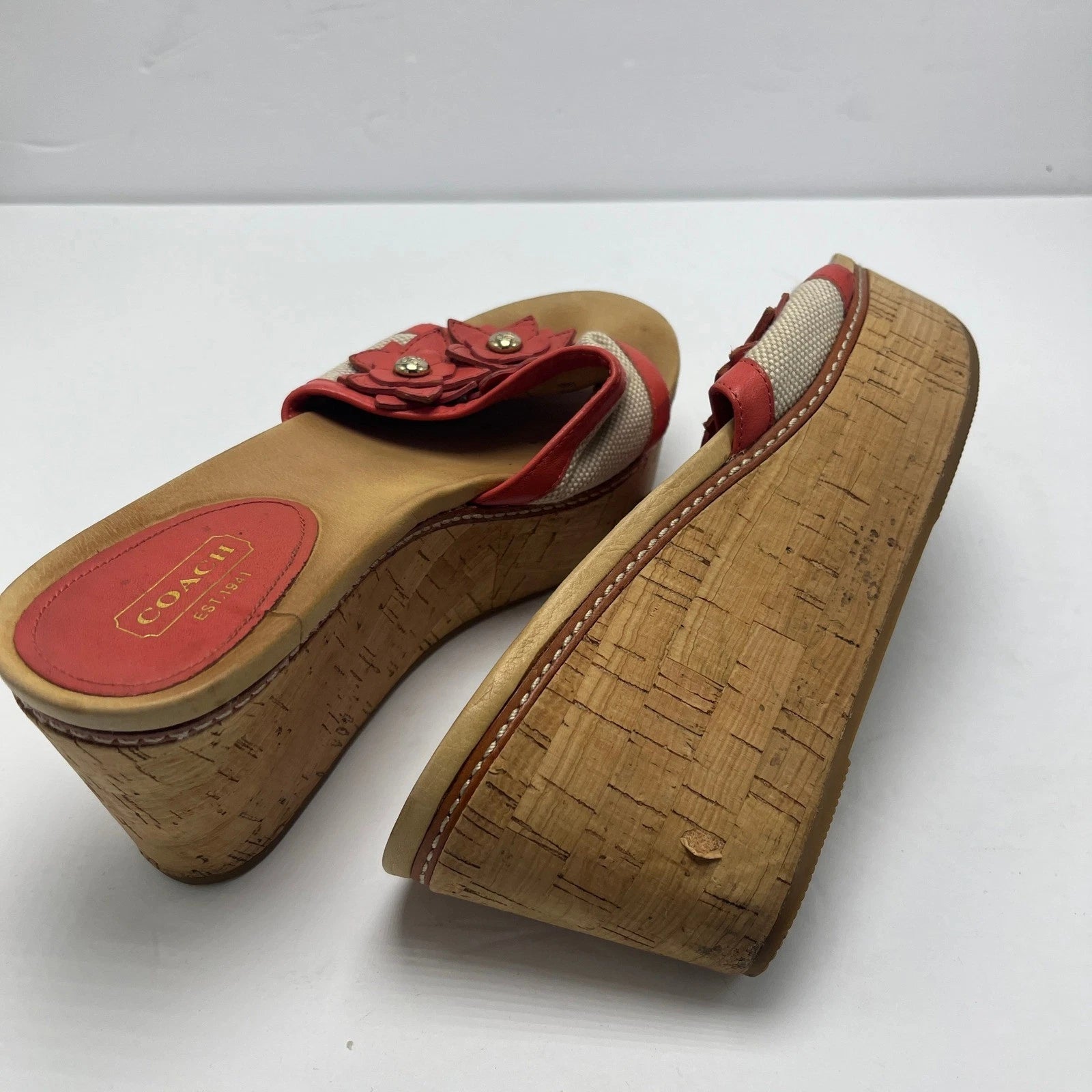 Coach Jesaca Floral Wedge Sandals Slides Platform Cork Heels Red Sz 7B A8663