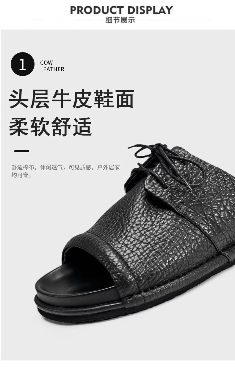 Men's Real Leather Slippers Open Toe Sandals Slides Lace Up Flat Comfort Casual