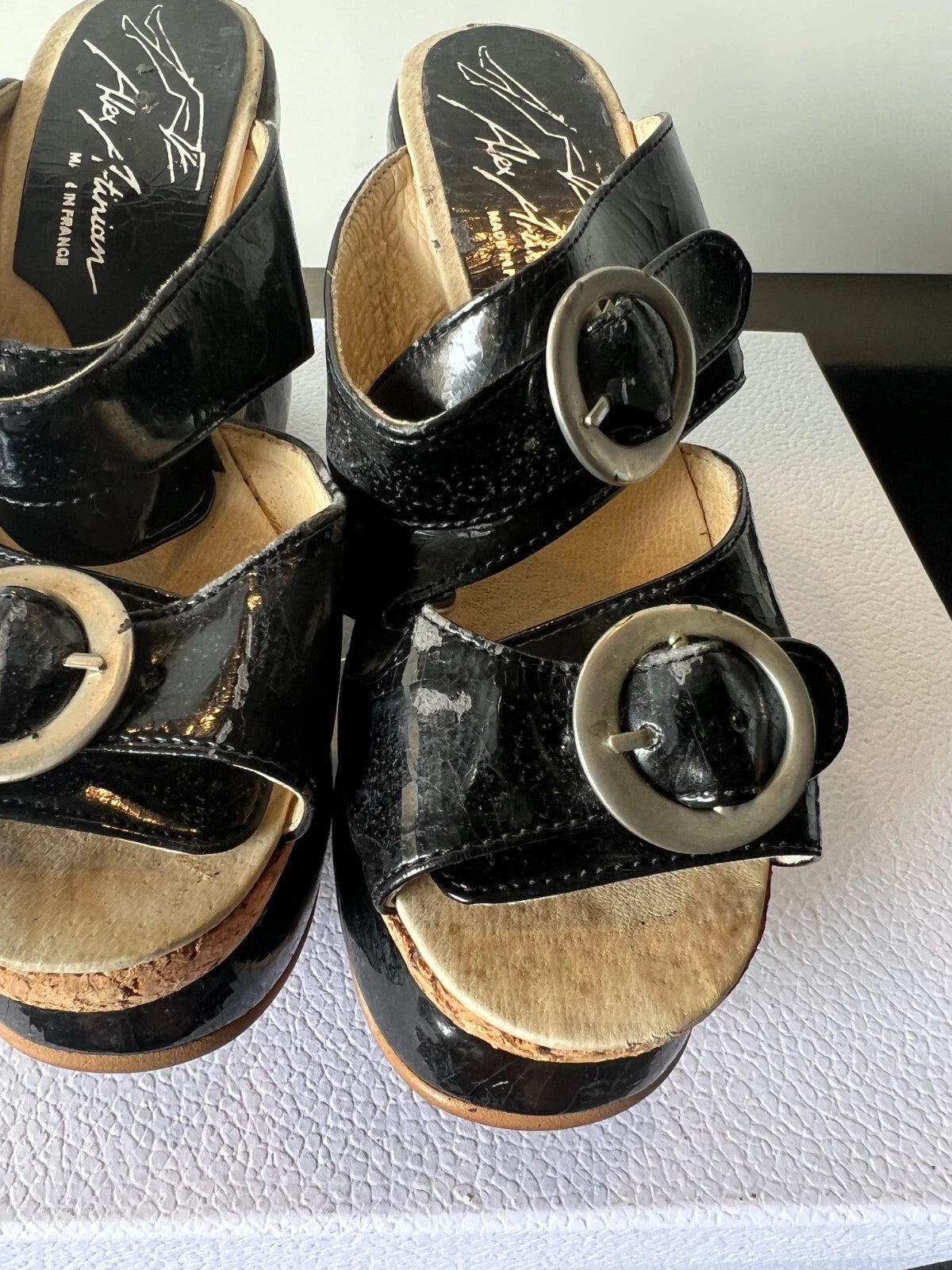 ALEX ARTINIAN France 70-80s Black Leather Platform Wedge Slides Sandals 37EU/7US