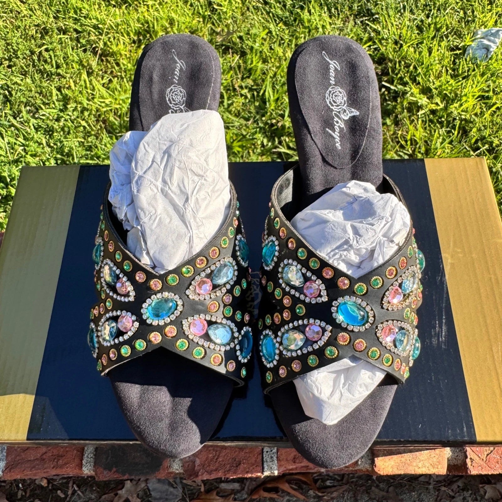 Joan Boyce Embellished Wedge Sandals Black Multi Rhinestone Slides Womens 7W NIB