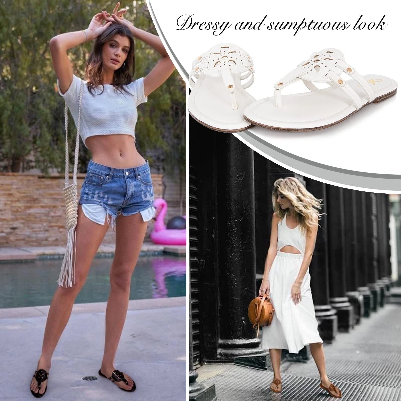 Athlefit Womens Flat Sandals Leather Casual Beach Slip Ons White Sandal Size 6.5