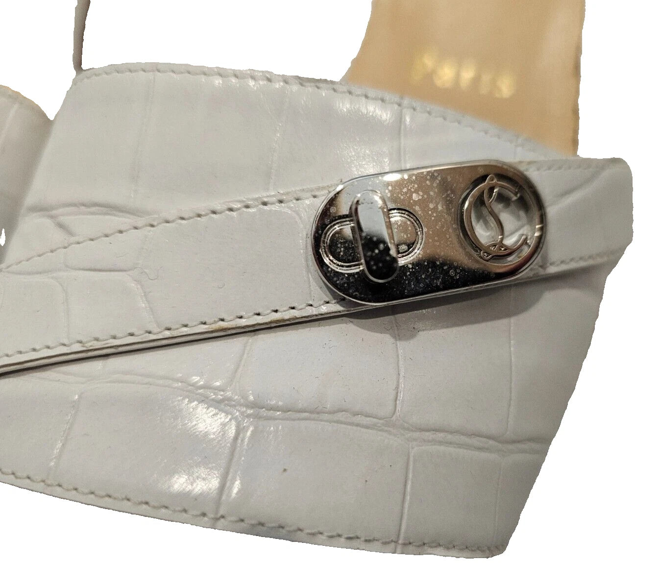 CHRISTIAN LOUBOUTIN White Calfskin Crocodile Embossed Lock Art 55 Slides - 37.5