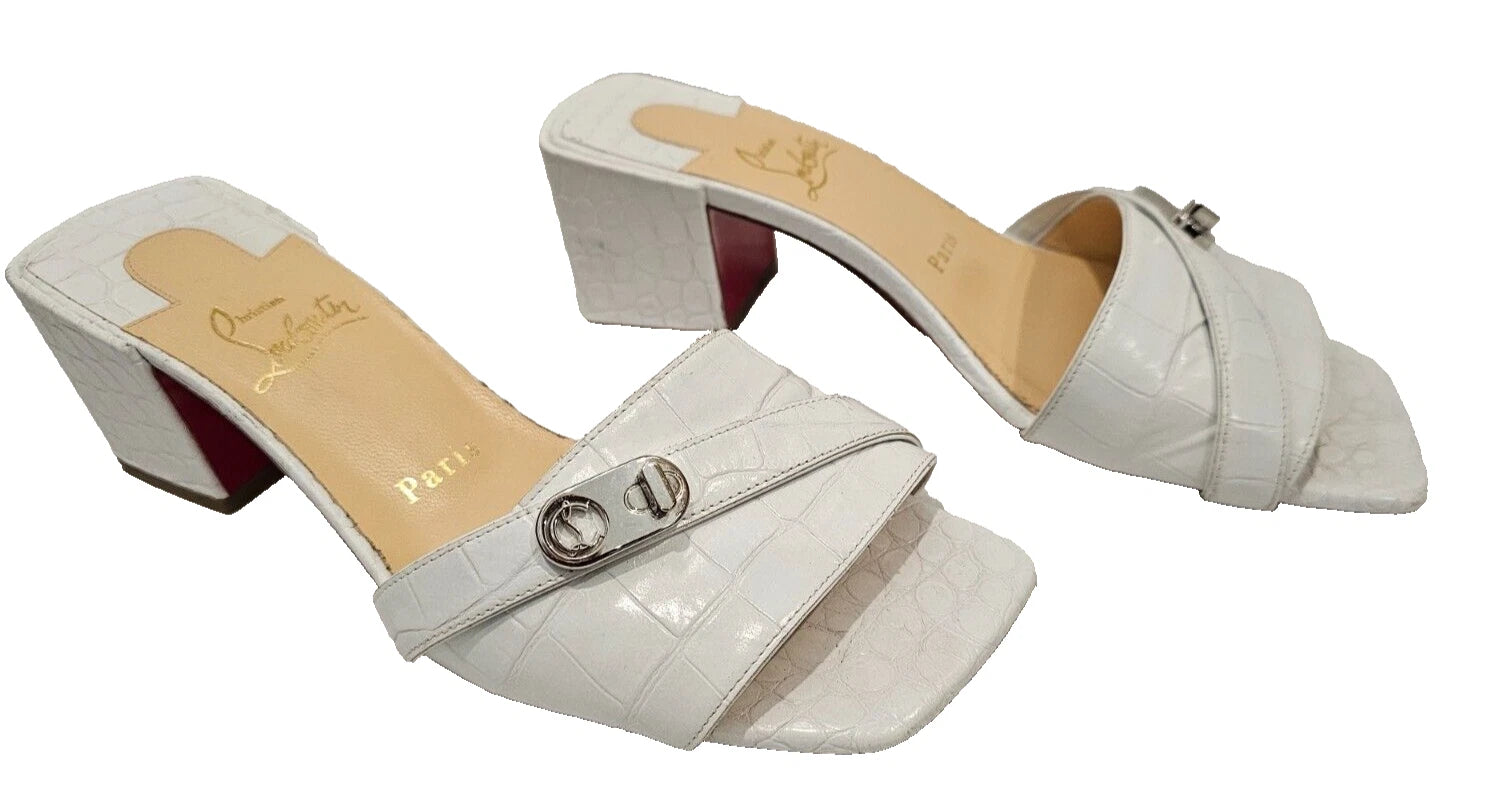 CHRISTIAN LOUBOUTIN White Calfskin Crocodile Embossed Lock Art 55 Slides - 37.5