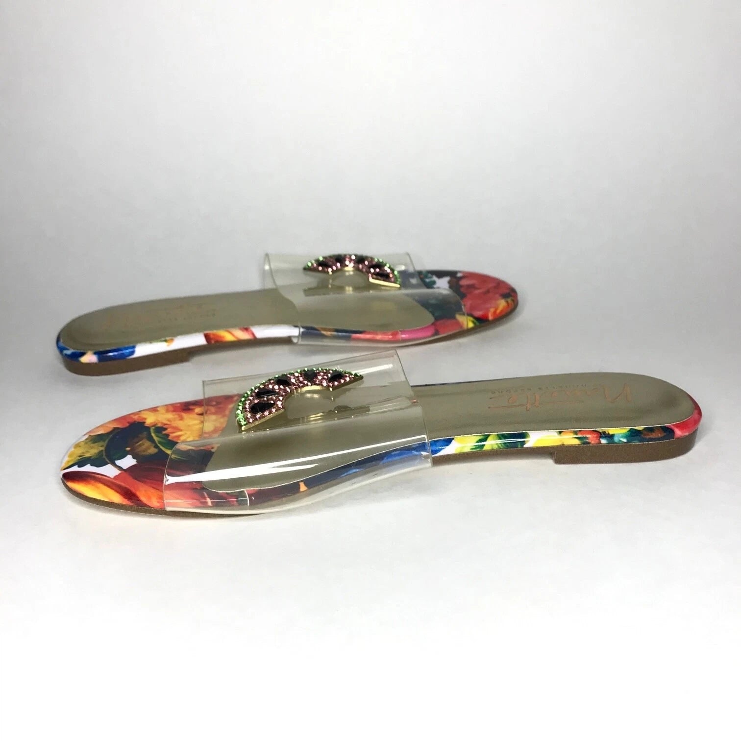 Nanette Lepore Women's Sandals Jeweled Transparent Watermelon Floral Sz 8M