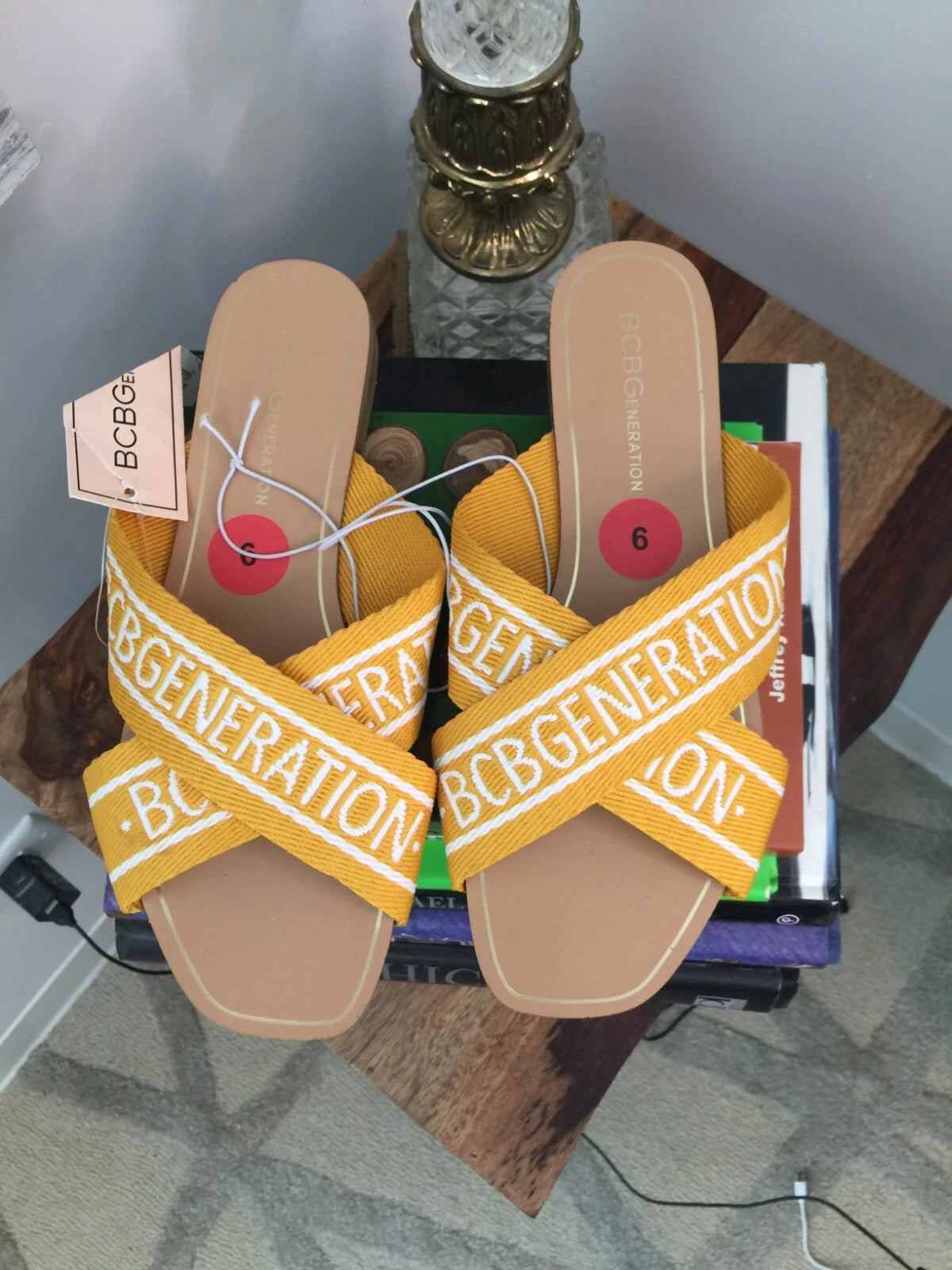 BCBG NEW Flats Slides Sandals 6 Yellow Mustard white LOGO KEENA STYLE