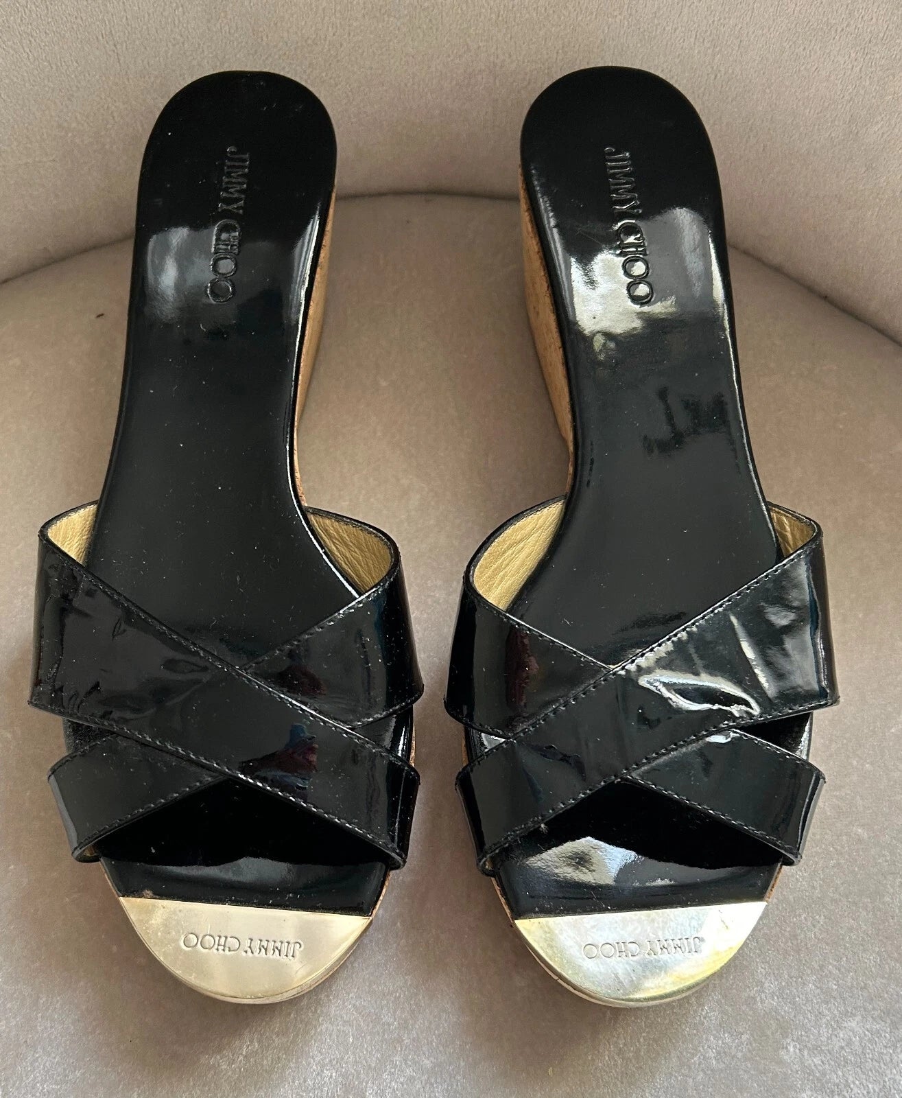 Jimmy Choo Black Patent Leather Platform Sandal Cork Wedges, Gold Toe, Size 37/7