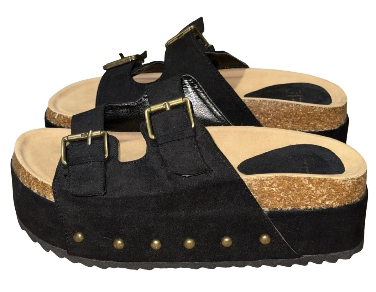 JF Black Platform Large Buckle Sandals Women’s Sz 7 Black Y2K Just Fab Chunky