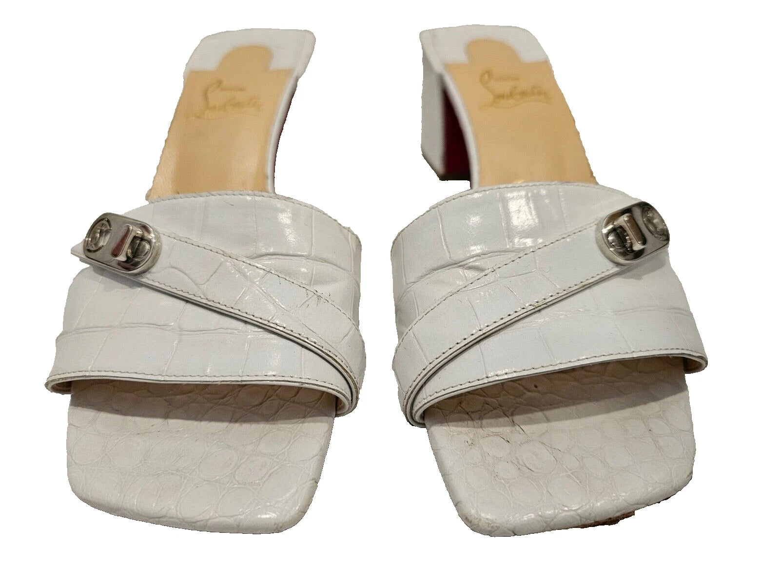 CHRISTIAN LOUBOUTIN White Calfskin Crocodile Embossed Lock Art 55 Slides - 37.5