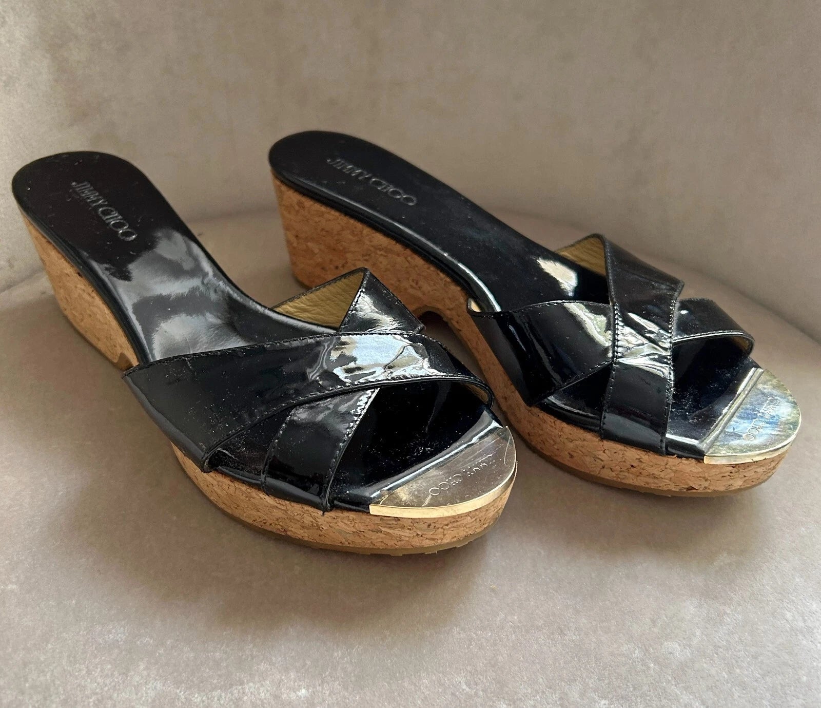Jimmy Choo Black Patent Leather Platform Sandal Cork Wedges, Gold Toe, Size 37/7
