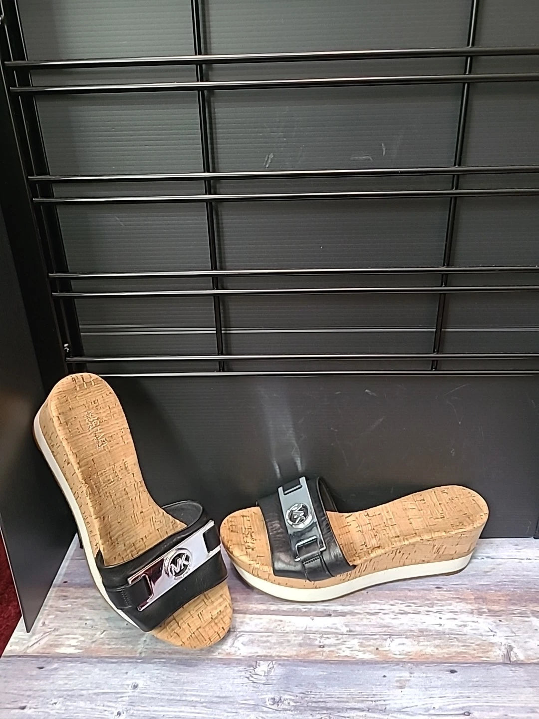 Michael Kors Warren Platform Sandal 8.5M Black Wedge Shoe Cork Open Toe Slide