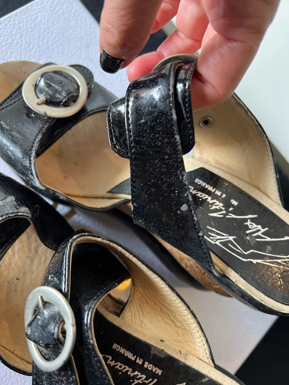 ALEX ARTINIAN France 70-80s Black Leather Platform Wedge Slides Sandals 37EU/7US