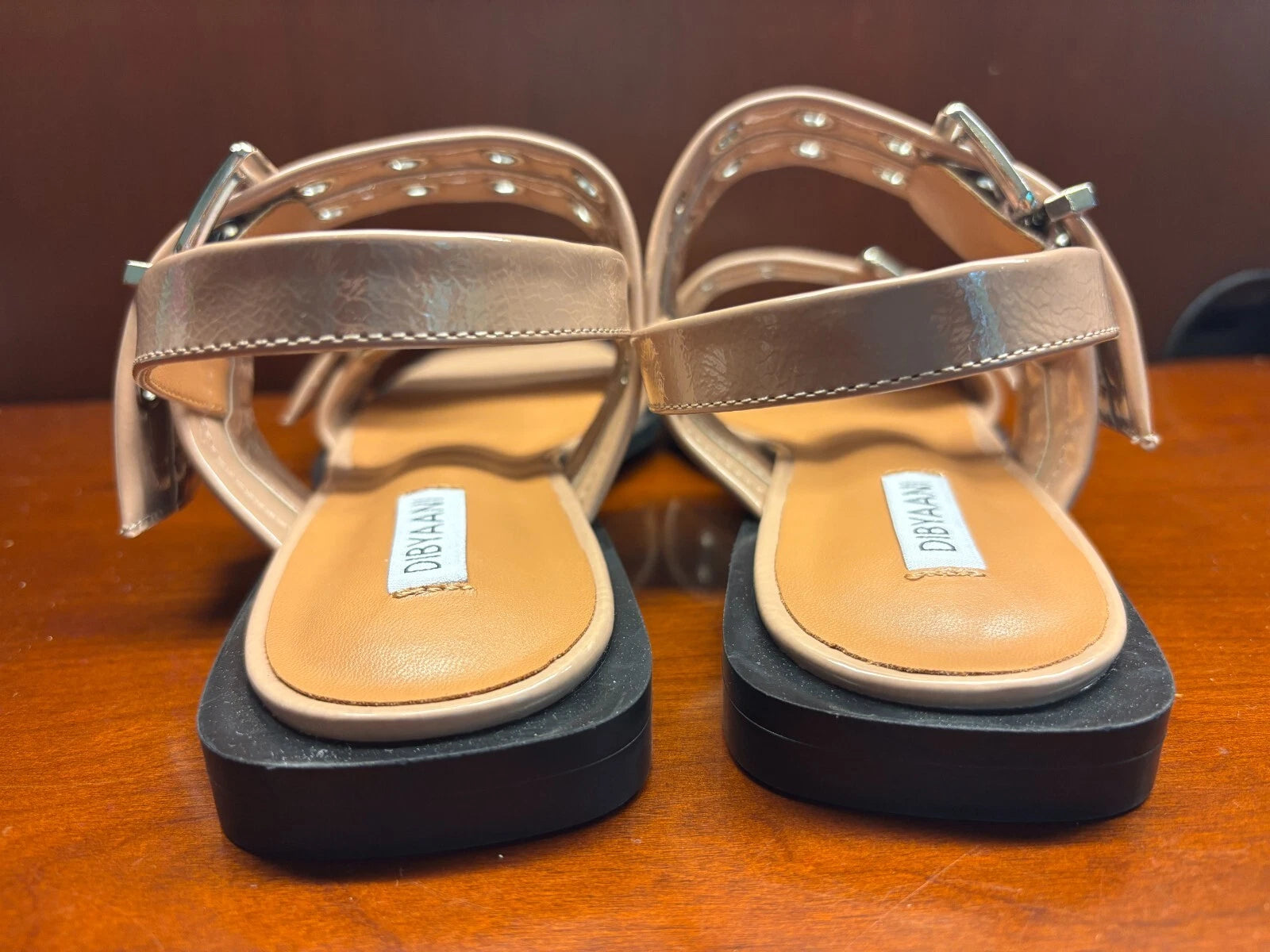 DIBYAANI Tan Patent Leather Women’s Sandals US 10