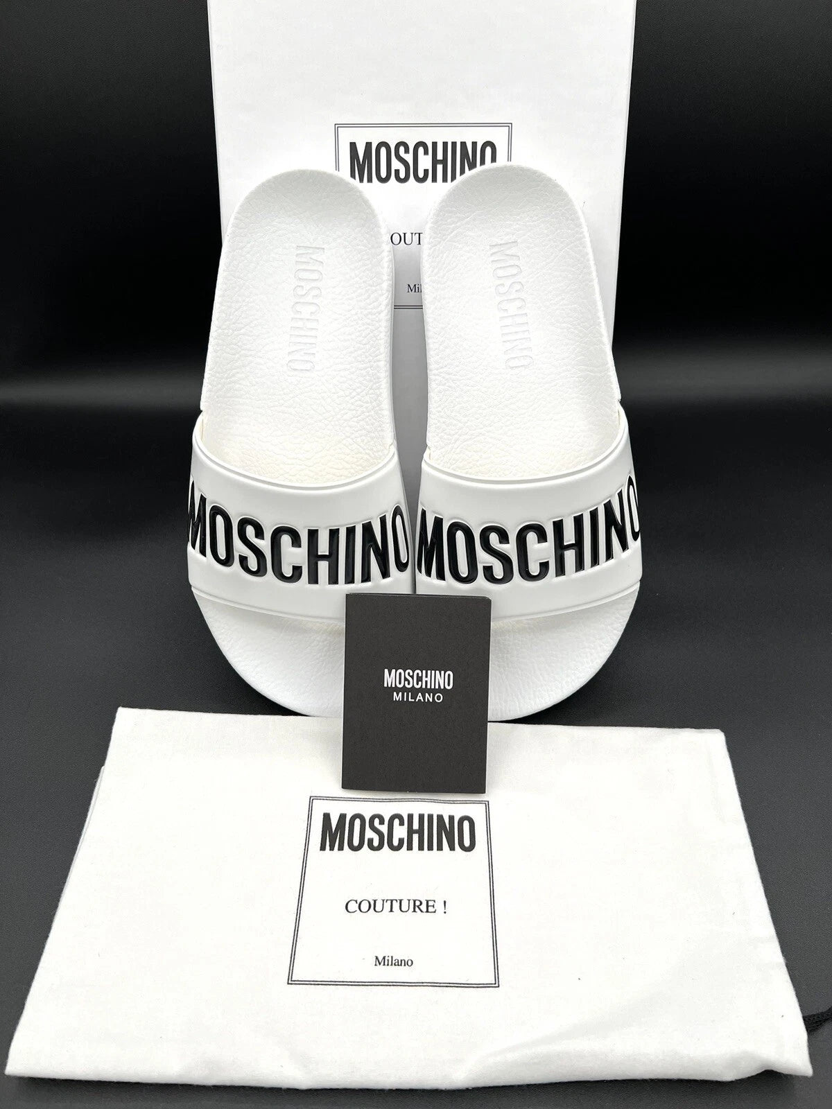 Moschino Womens Wide Logo Rubber White Flat Slip On Pool Slide Sandal US 5/EU 35