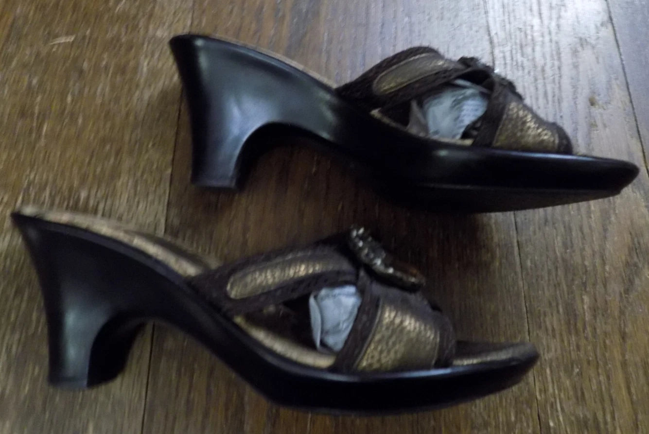 Dezario Slides Sandals 3" Heel Textured Metallic Bronze Rhinestone Bling USA 8.5