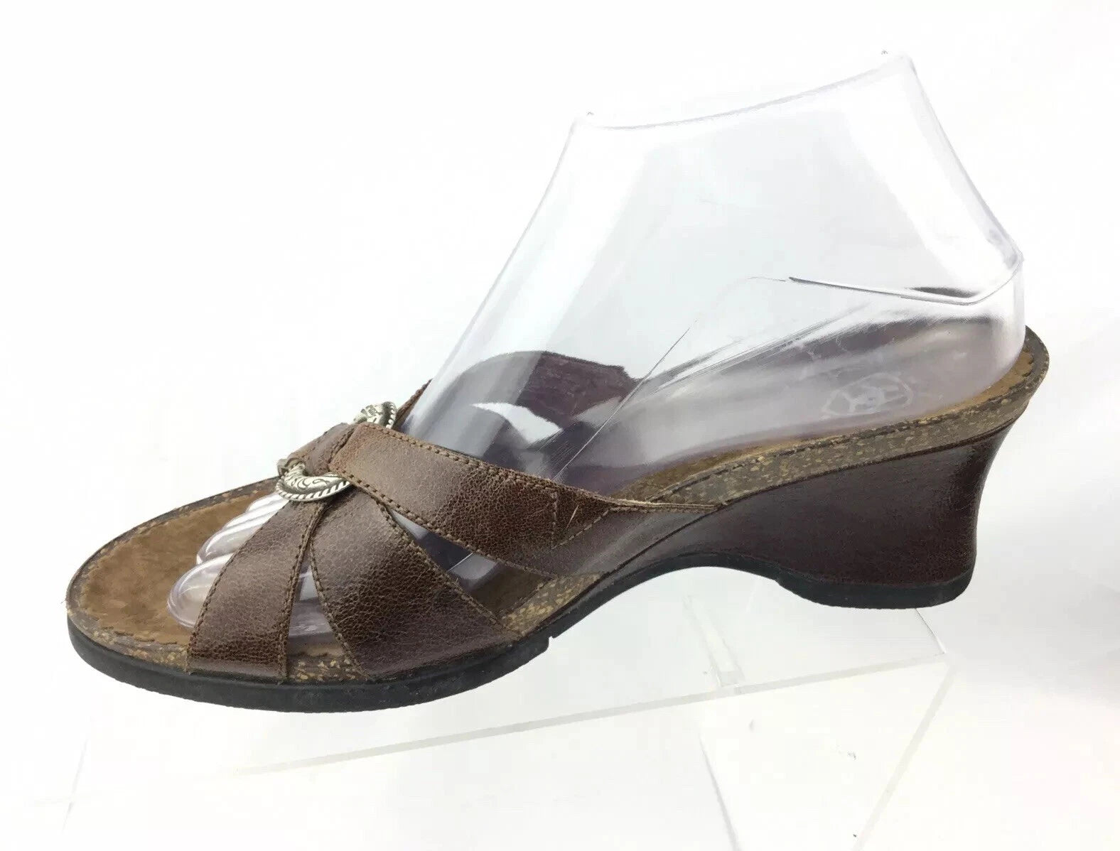 ARIAT Brown Leather Cork Wedge Slide Silver Ring Style 20903 Sandals Sz 8B