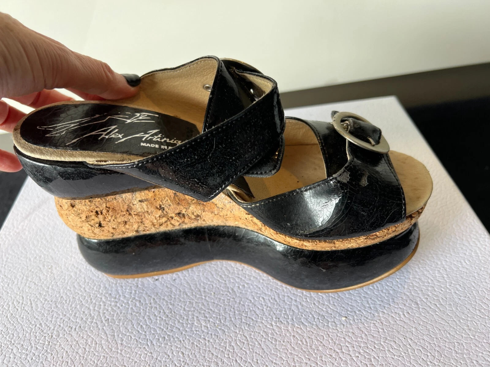 ALEX ARTINIAN France 70-80s Black Leather Platform Wedge Slides Sandals 37EU/7US
