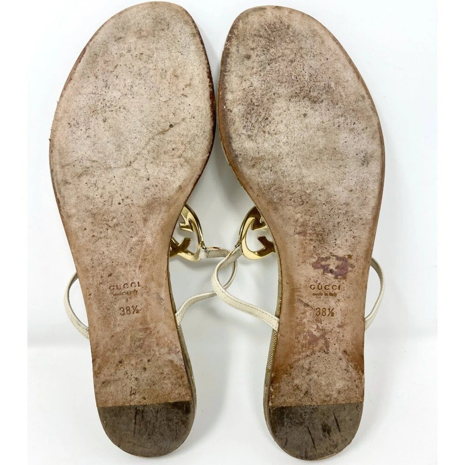 Gucci Monogram Heart Logo Thong Sandals Beige Gold Size EU 38.5