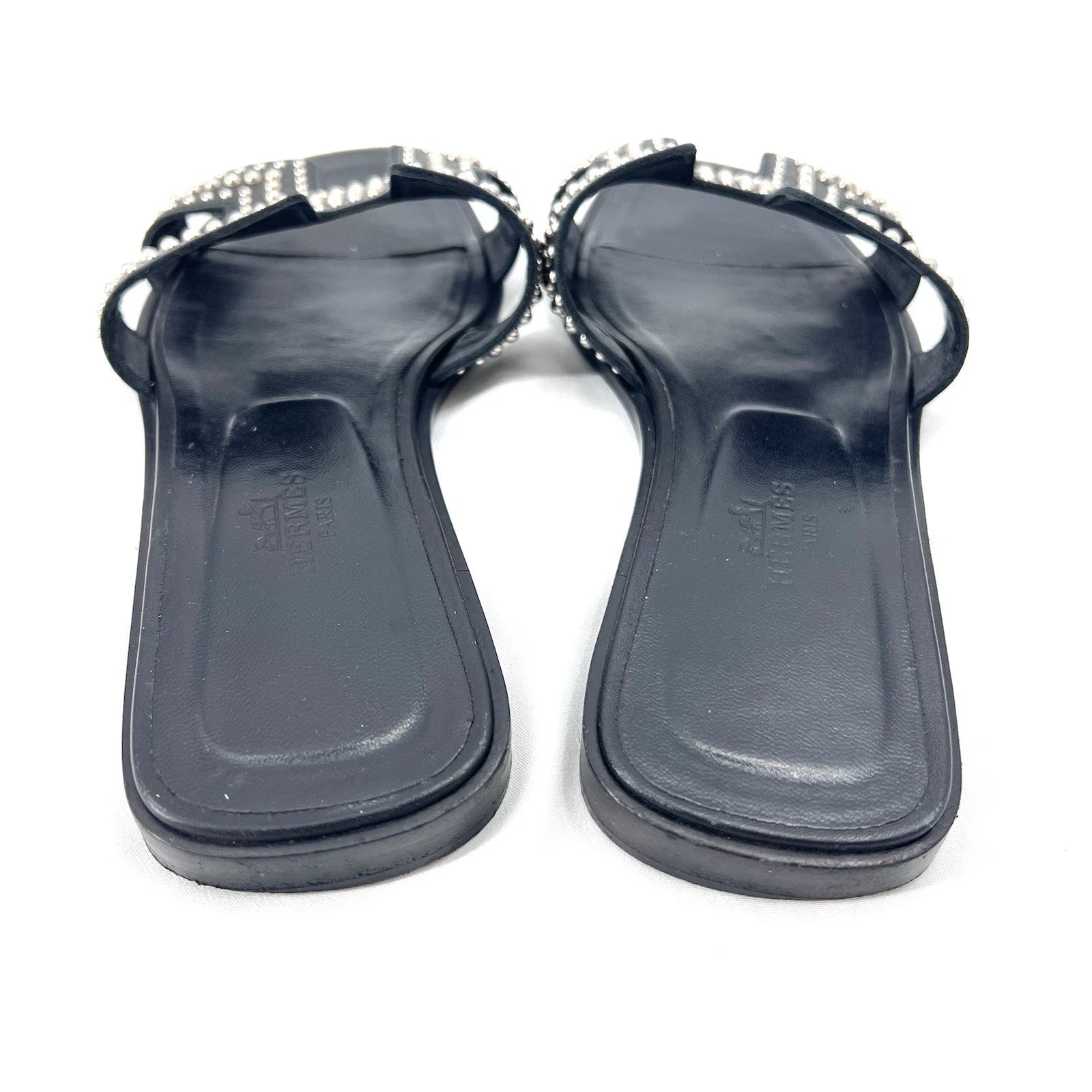 Hermes Oran Black Leather Studded Slide Sandals Womens Size EU 37 / US 6.5