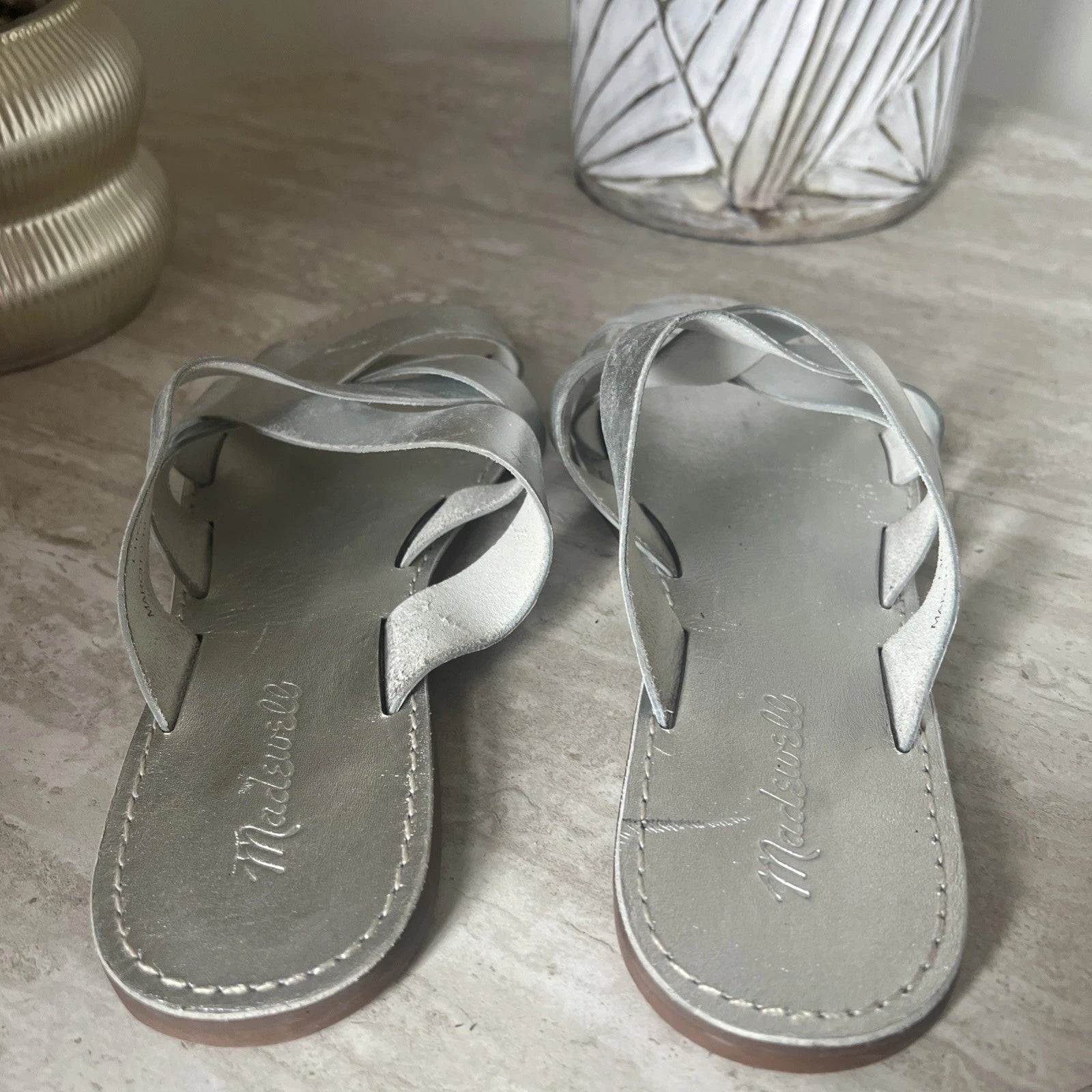 Madewell The Boardwalk Woven Slide Sandals Womens 9 Metallic Silver Open Toe