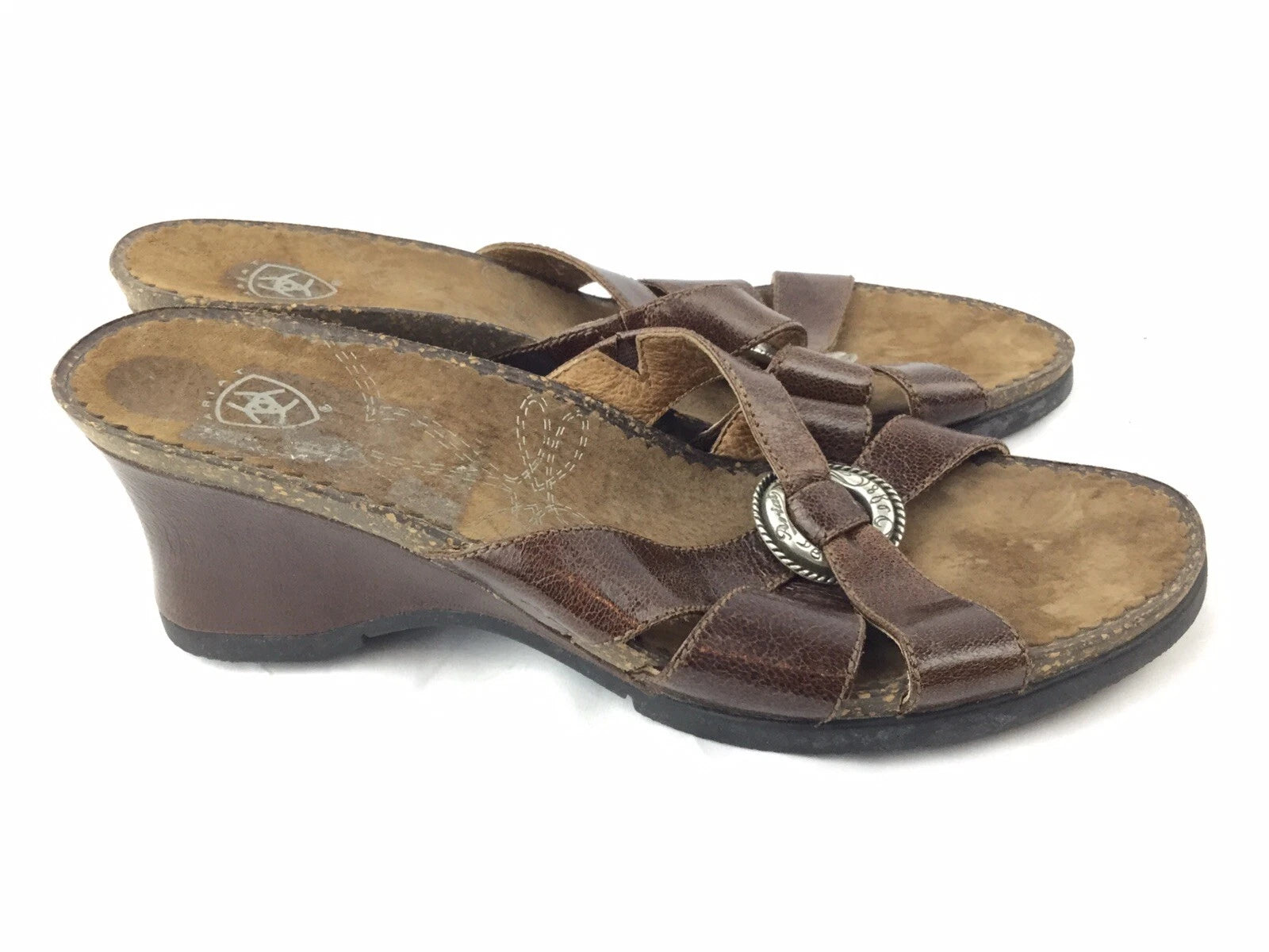 ARIAT Brown Leather Cork Wedge Slide Silver Ring Style 20903 Sandals Sz 8B