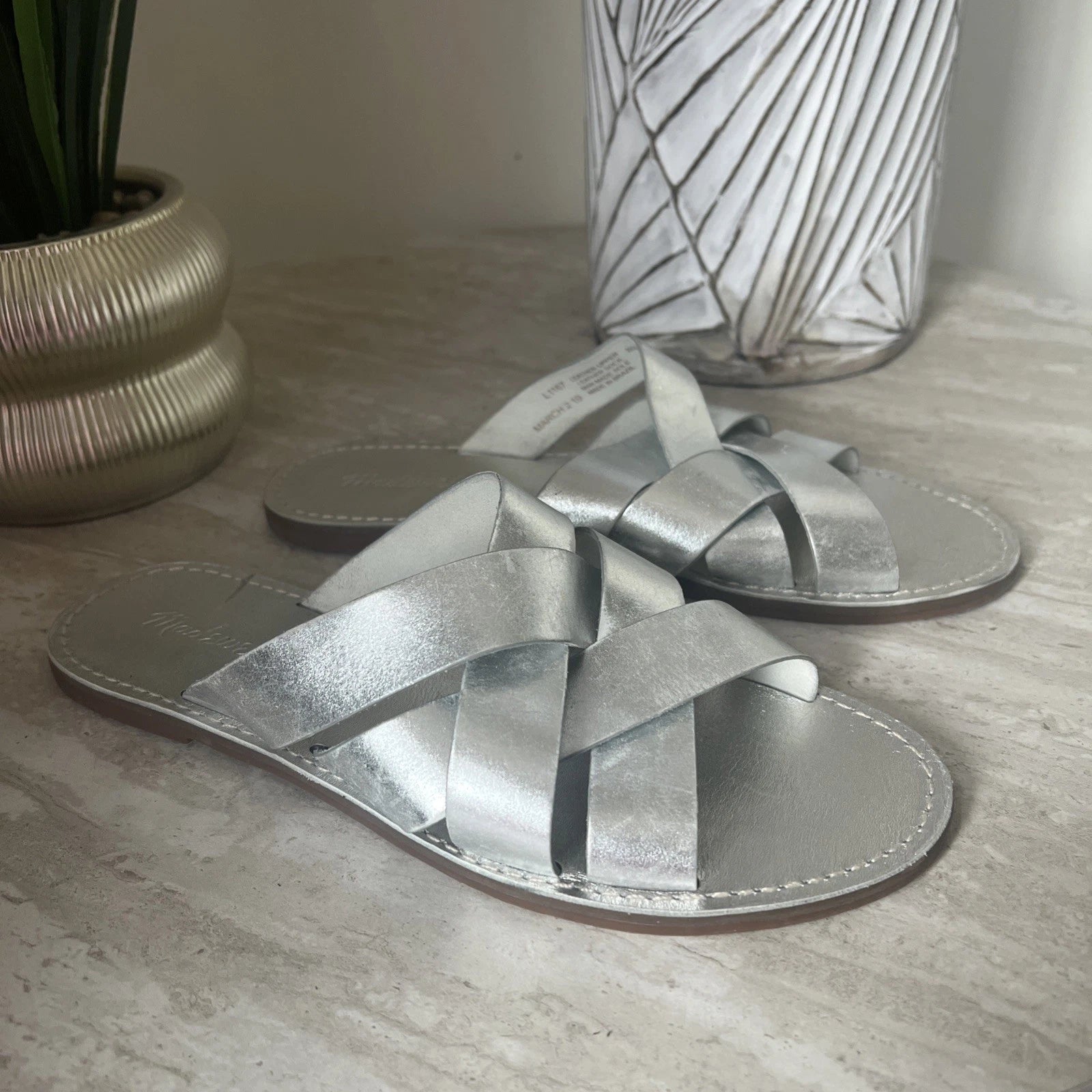 Madewell The Boardwalk Woven Slide Sandals Womens 9 Metallic Silver Open Toe