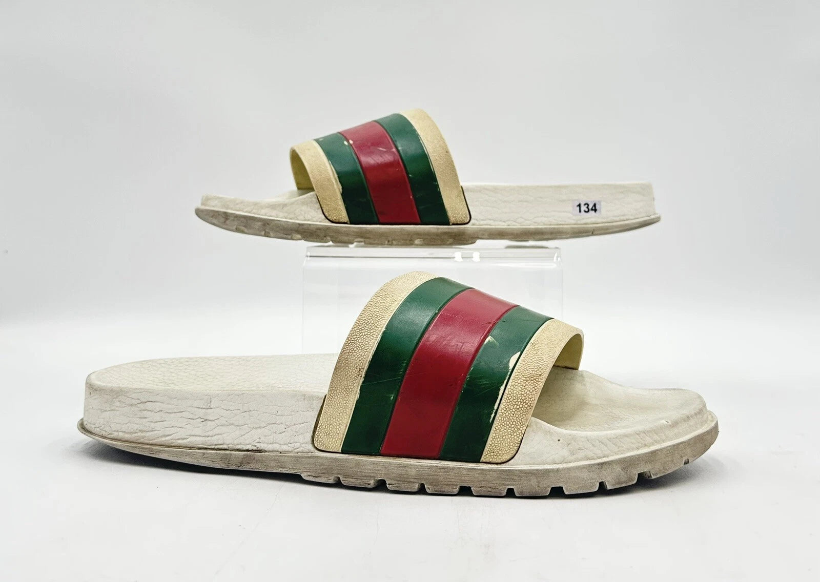 Gucci Men's Beige Striped Slide Sandals Size 12