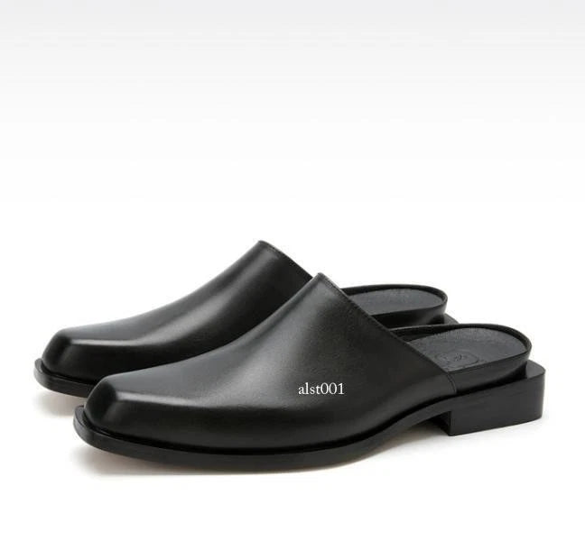 Men's Square Toe Genuine Leather Slippers Fashion Casual Mules Slides Shoes