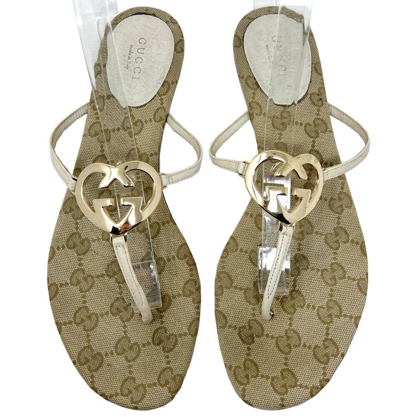 Gucci Monogram Heart Logo Thong Sandals Beige Gold Size EU 38.5