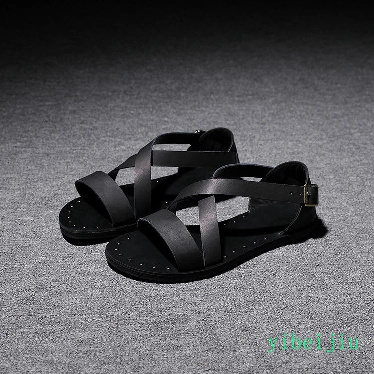 Fashion Men's Real Leather Summer Beach Roman Sandals Studded Shoes Flat Vintage