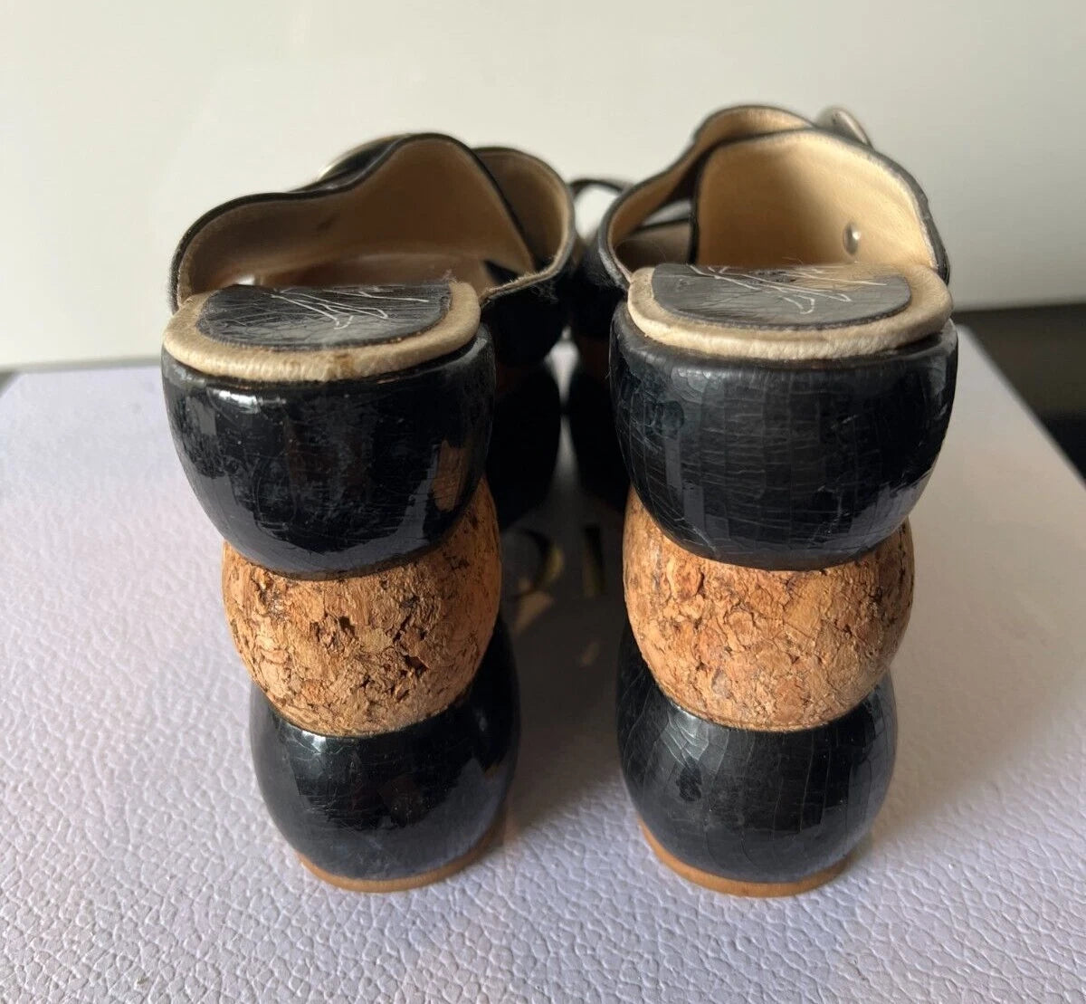 ALEX ARTINIAN France 70-80s Black Leather Platform Wedge Slides Sandals 37EU/7US