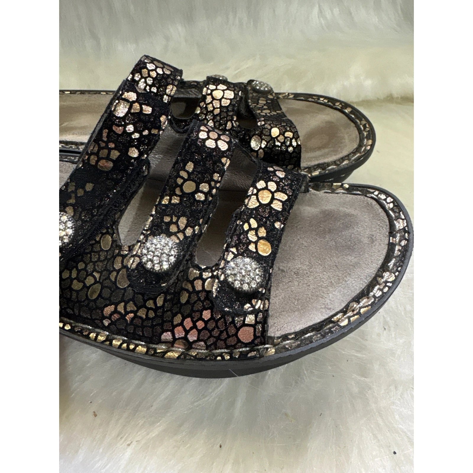 Alegria Black & Gold Leather Rhinestone Embellished Slide Sandals EU 41