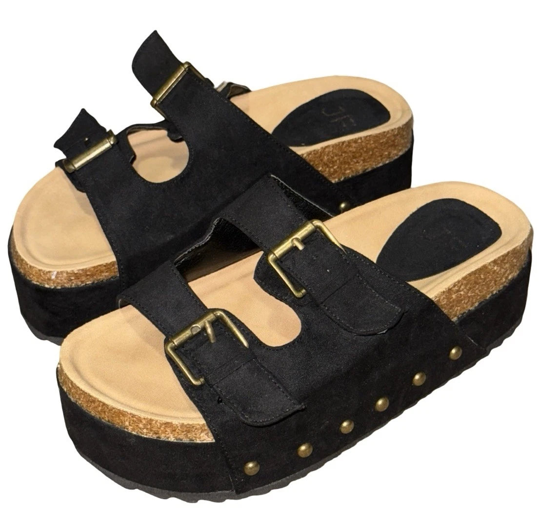 JF Black Platform Large Buckle Sandals Women’s Sz 7 Black Y2K Just Fab Chunky
