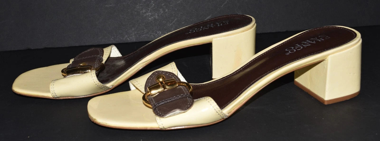 Franco Sarto Neat Yellow Patent Leather Buckle Toe Slide Sandals Size 9M Brazil