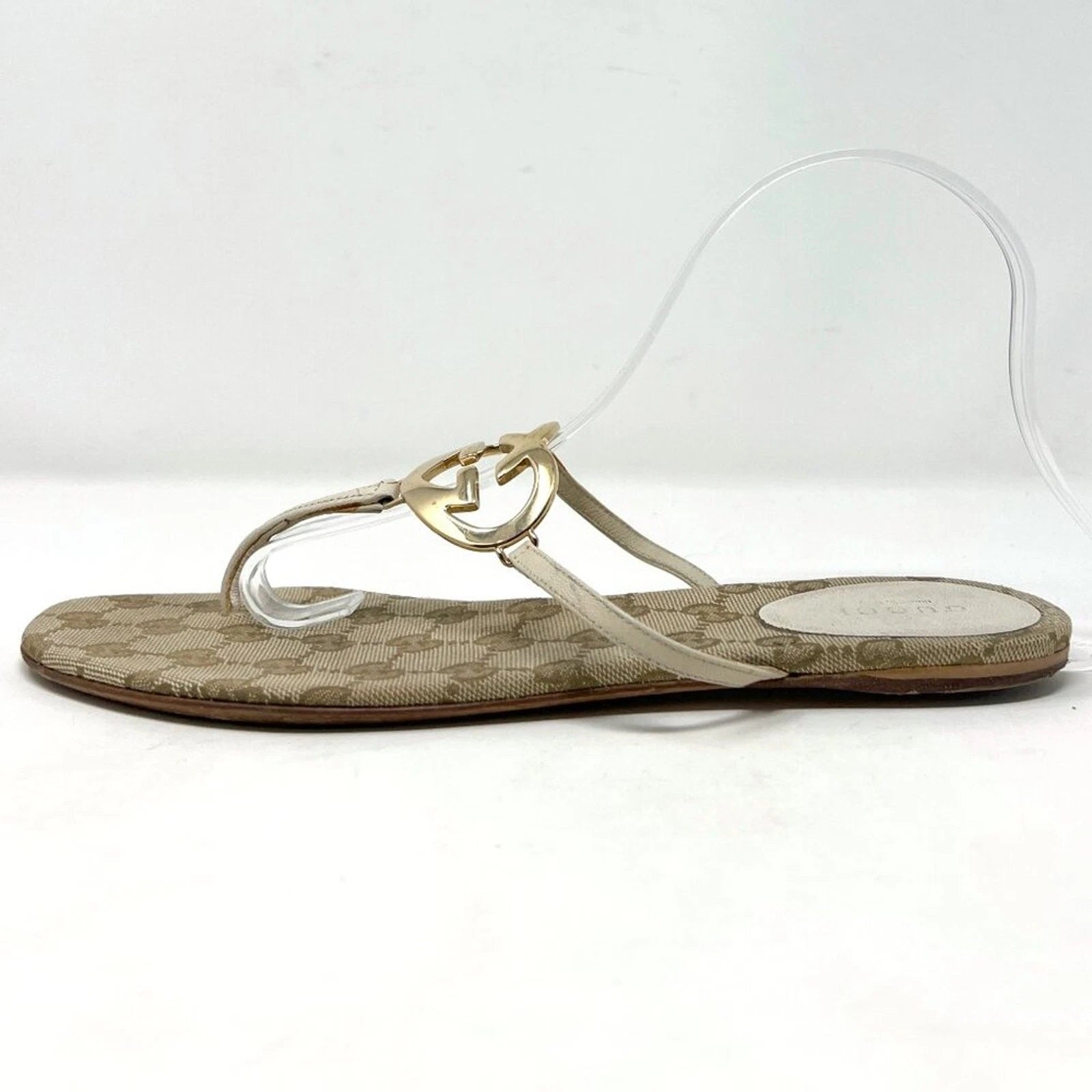 Gucci Monogram Heart Logo Thong Sandals Beige Gold Size EU 38.5