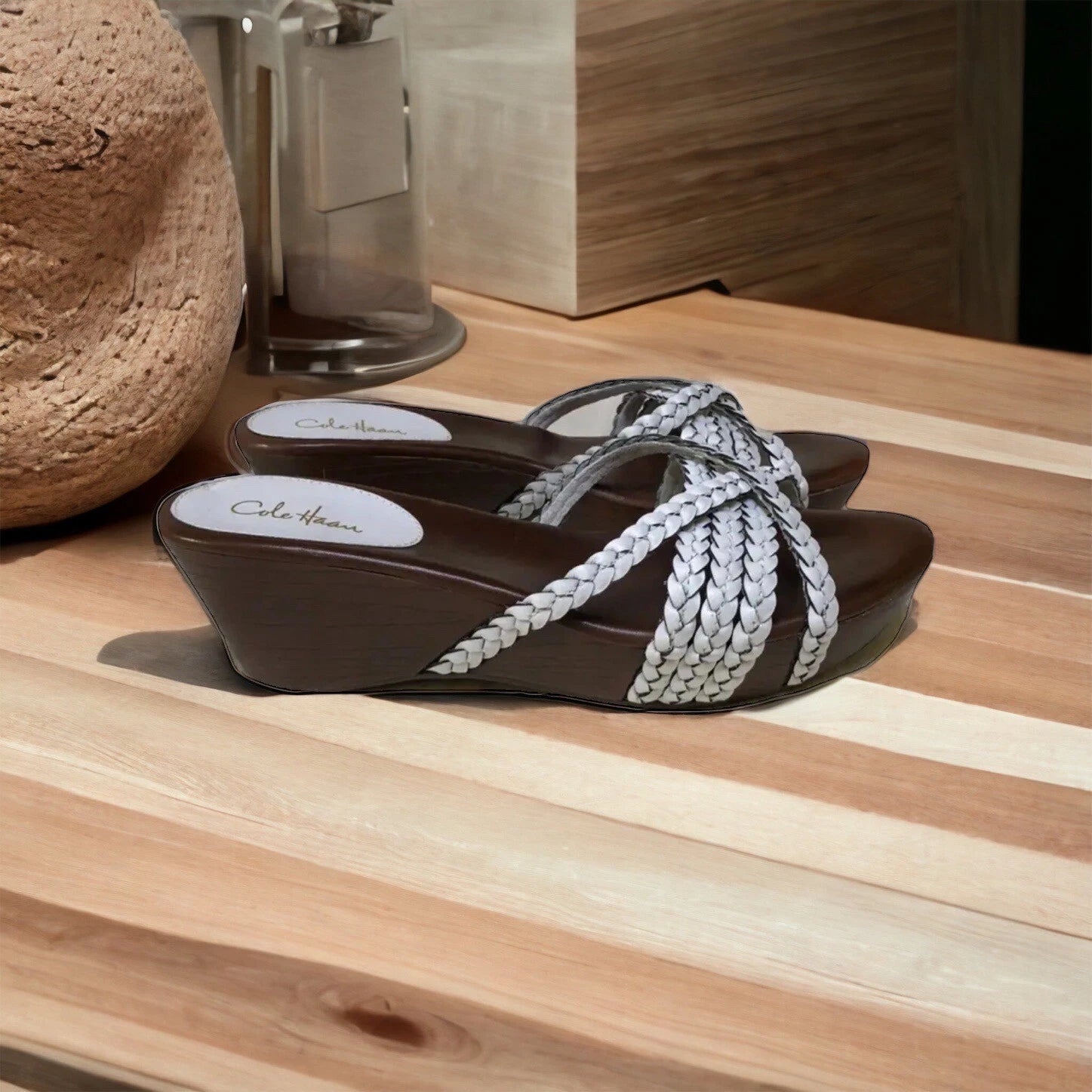 Cole Haan Air  Leather Wedge Heel Sandals Womens Size 7 Made In Brazil