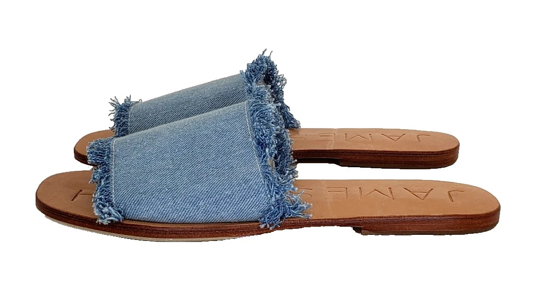James Smith Womens Sandals Denim Slides Frayed Leather Sole Size 38 NEW