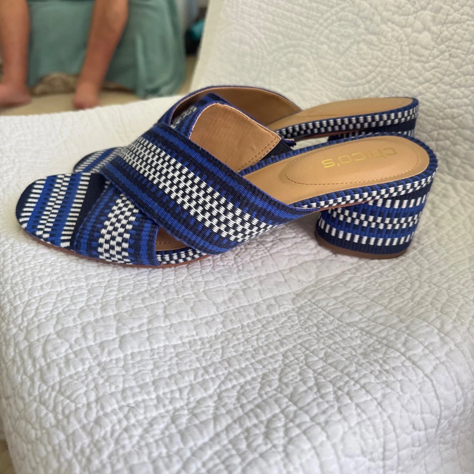 Chico's Woven Criss Cross Block Heel Sandals Blue Grotto Size 10M MSRP $148