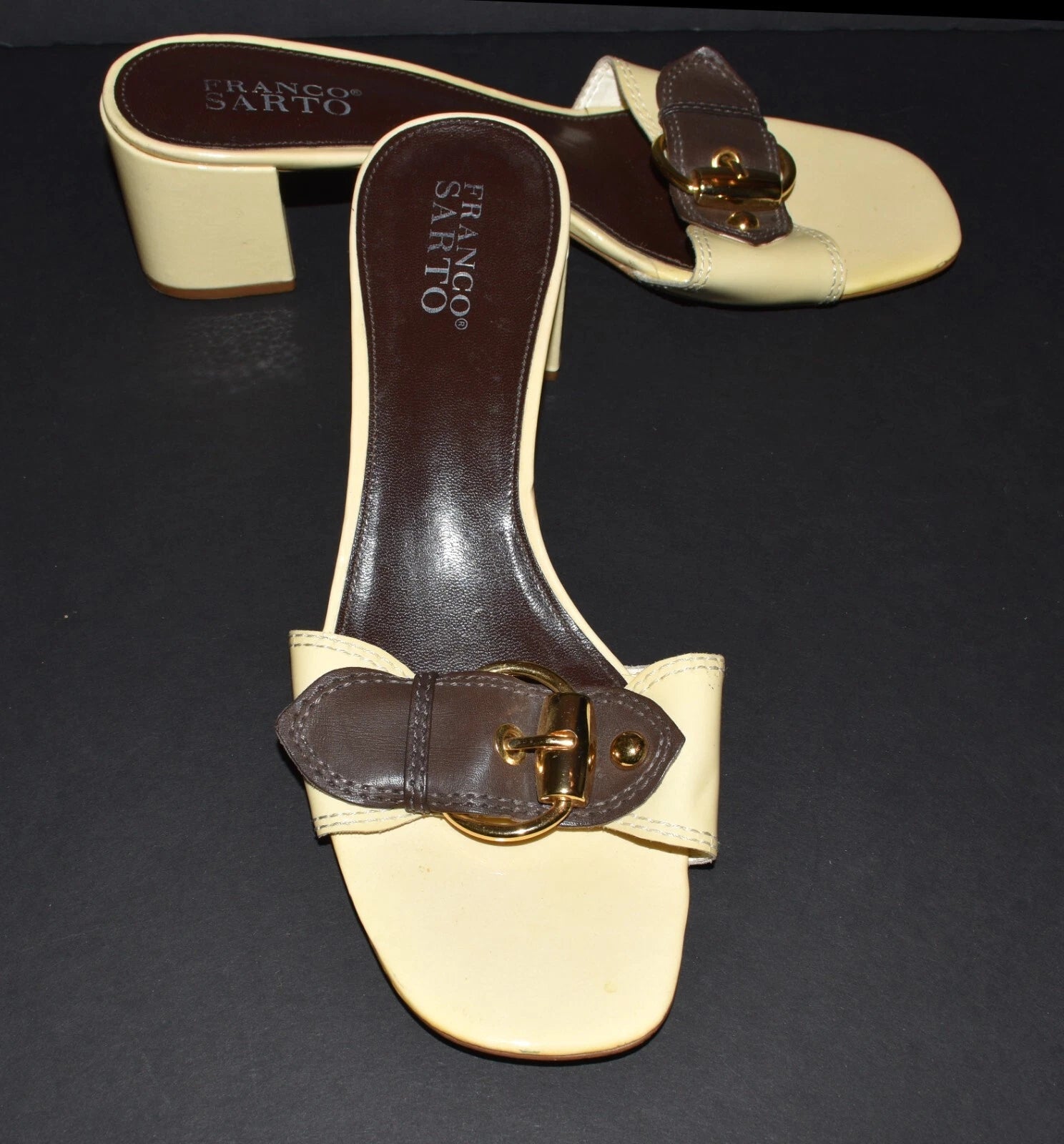 Franco Sarto Neat Yellow Patent Leather Buckle Toe Slide Sandals Size 9M Brazil