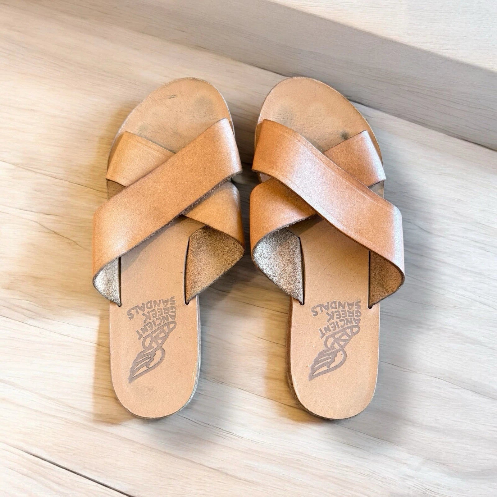Ancient Greek Tan Cross-Strap Sandals Leather Women’s Size 38/8
