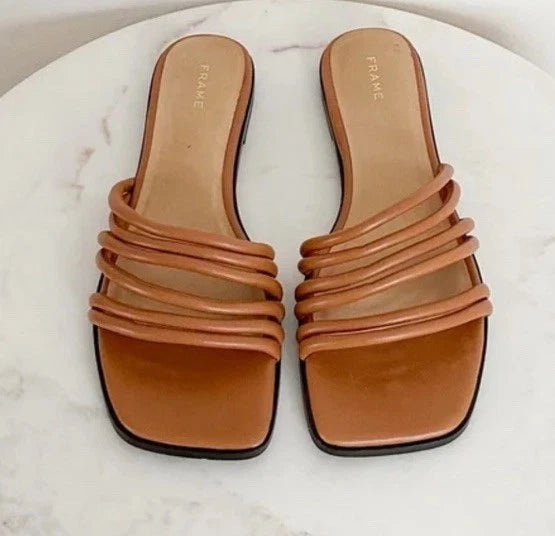 FRAME Le Capri Strappy Slide Sandals  Tan Leather Sz 40 $298
