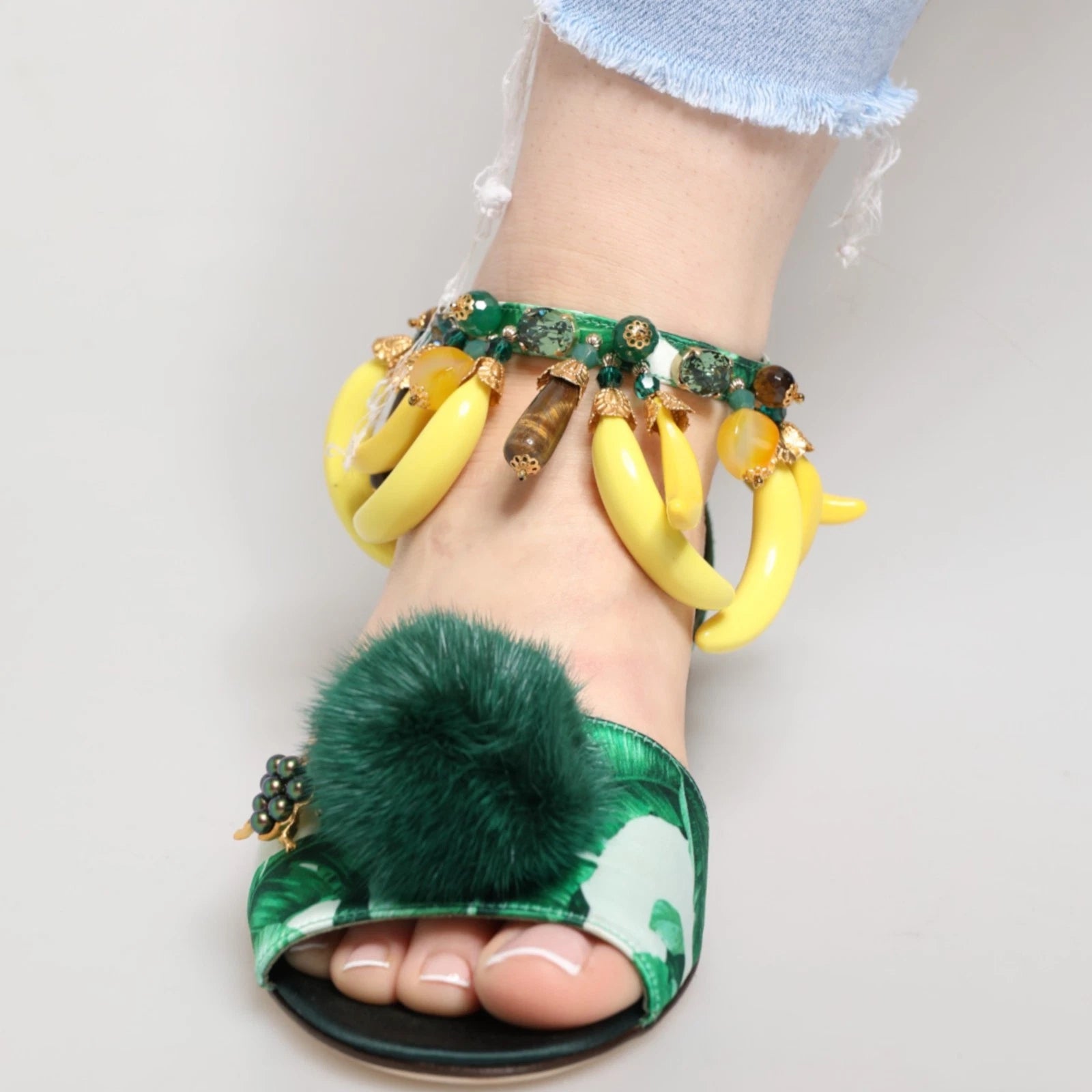 DOLCE & GABBANA Shoes Green Mink Fur Satin Banana Leaf Sandals EU36.5/US6 $1500