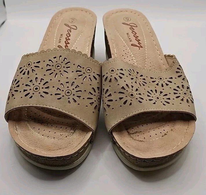 Jeossy Cork Wedge Slides Sandals Beige Women Sz 6 Etherial Soft Girl #163
