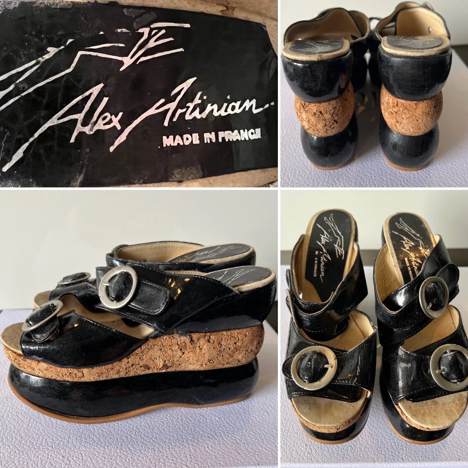 ALEX ARTINIAN France 70-80s Black Leather Platform Wedge Slides Sandals 37EU/7US