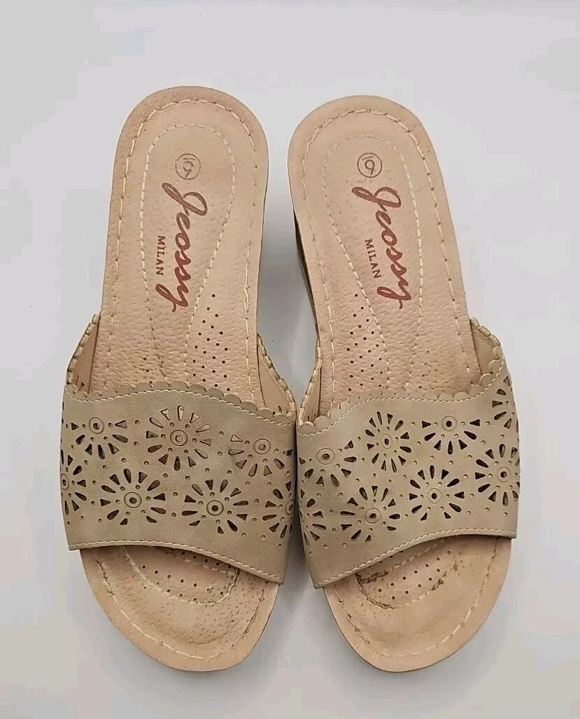 Jeossy Cork Wedge Slides Sandals Beige Women Sz 6 Etherial Soft Girl #163