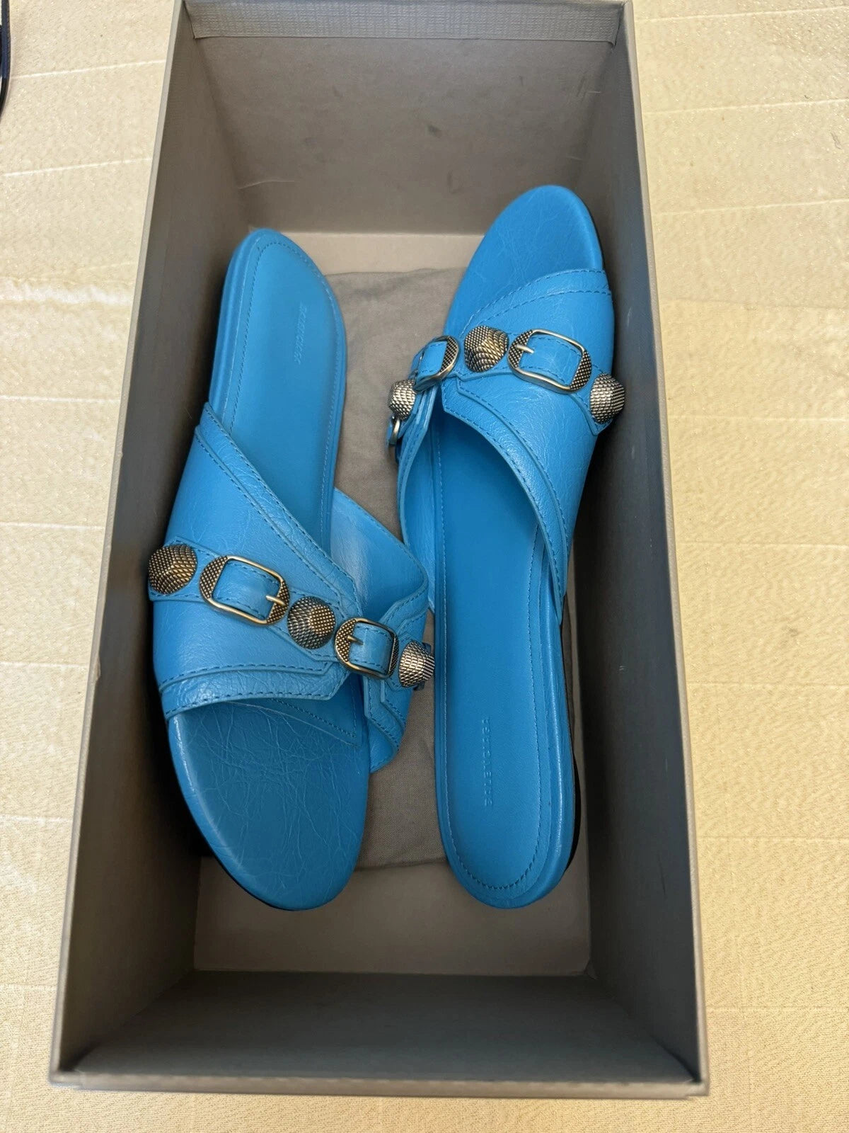 Balenciaga Le Cagole Slide Sandal CYAN/ AGED NIKEL, Size 9US /39EU $750