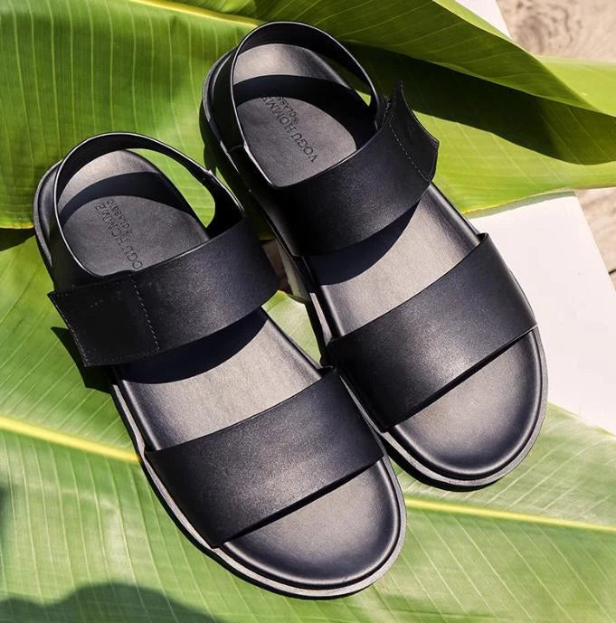 Mens Real Leather Gladiator Sandals Open Toe Beach Shoes Non-slip Flats Summer