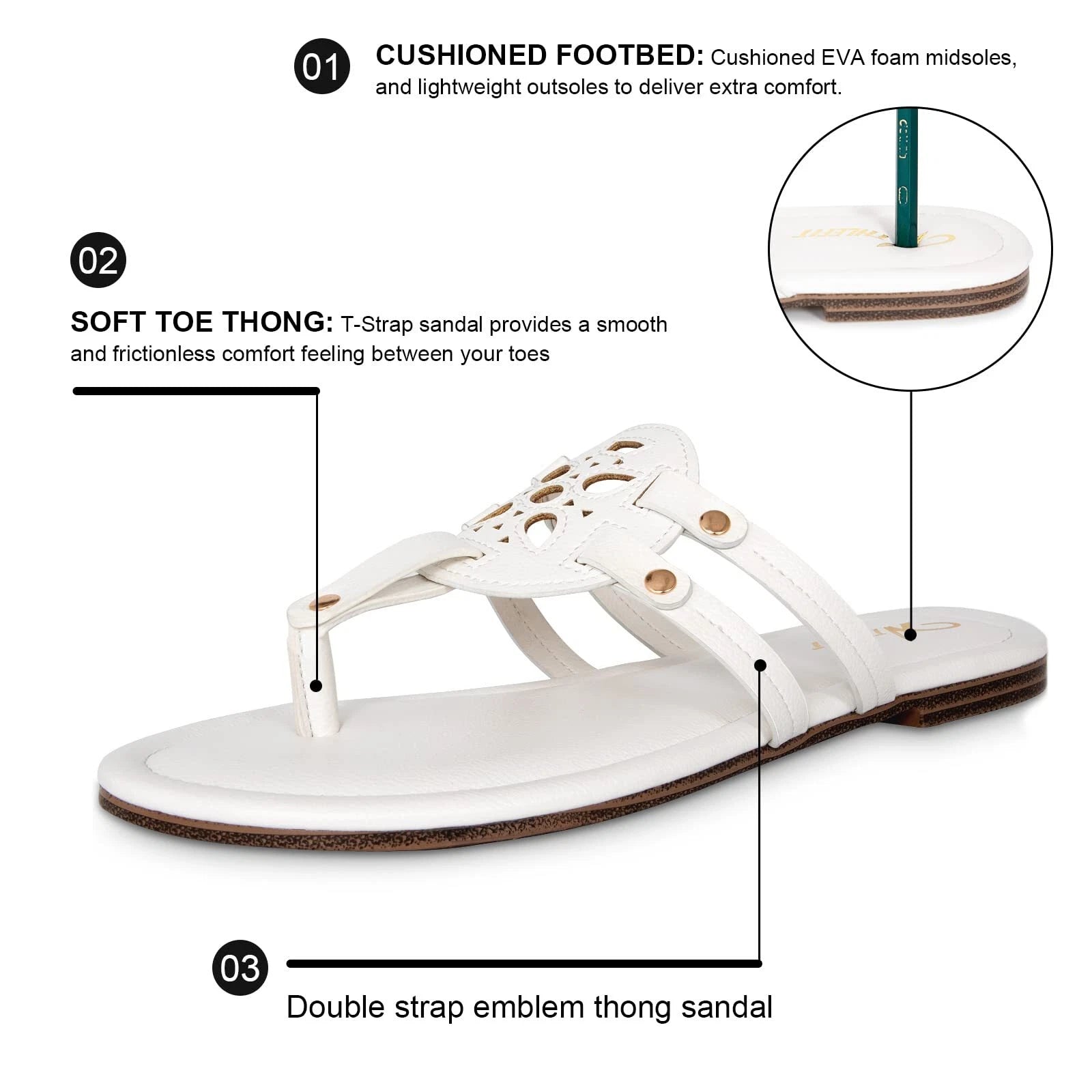 Athlefit Womens Flat Sandals Leather Casual Beach Slip Ons White Sandal Size 6.5