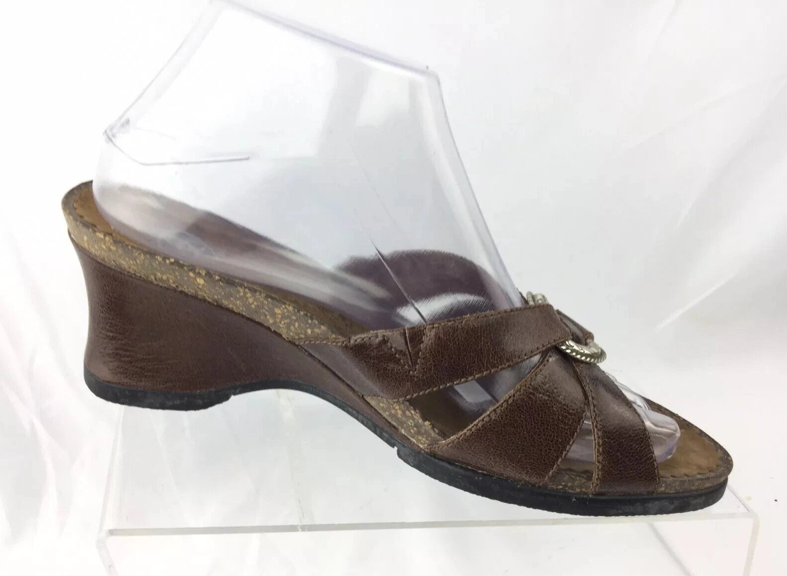 ARIAT Brown Leather Cork Wedge Slide Silver Ring Style 20903 Sandals Sz 8B