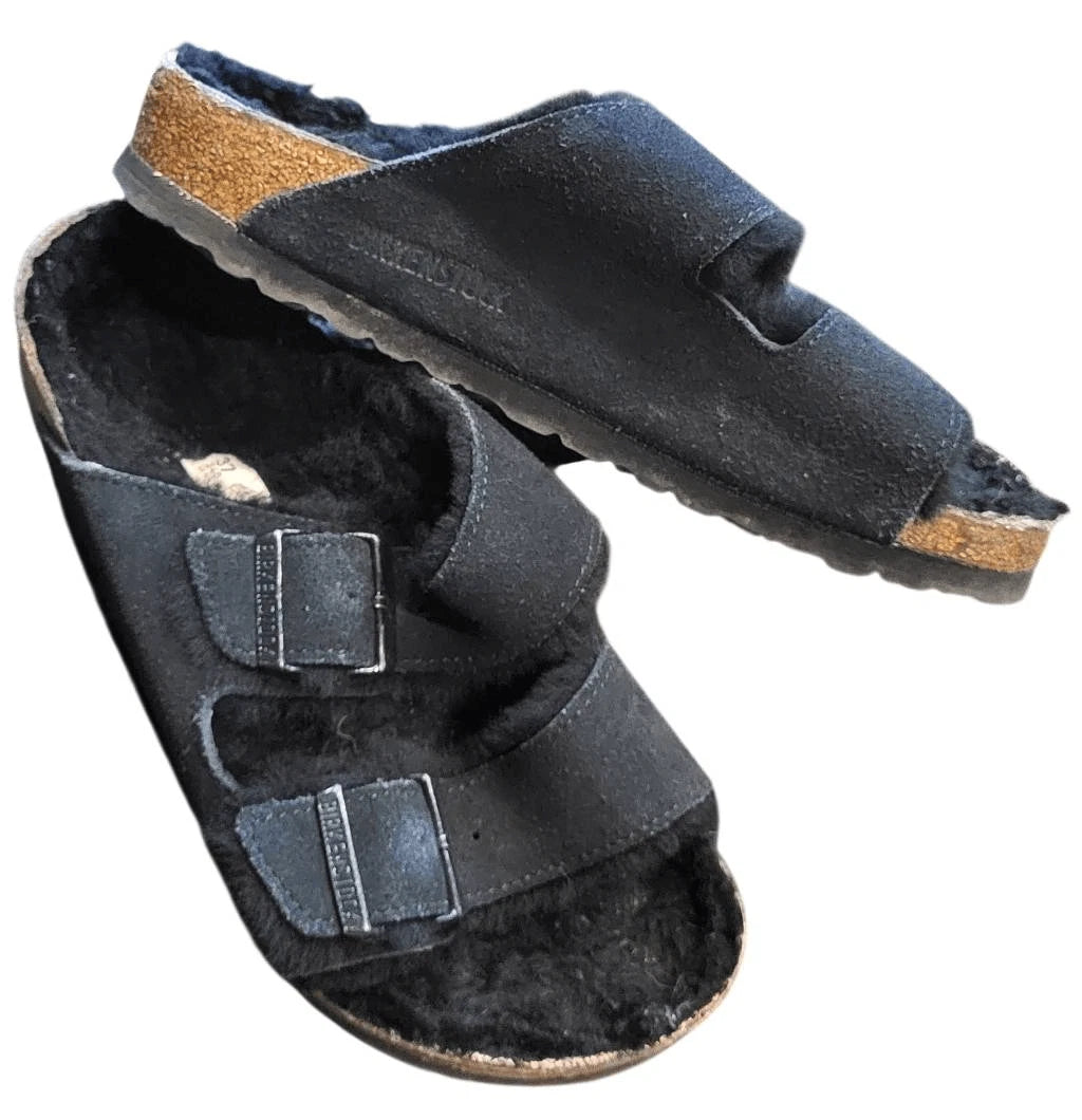 Birkenstock Sandals Women's 7 Black Arizona Shearling Lined Cozy Suede Leather