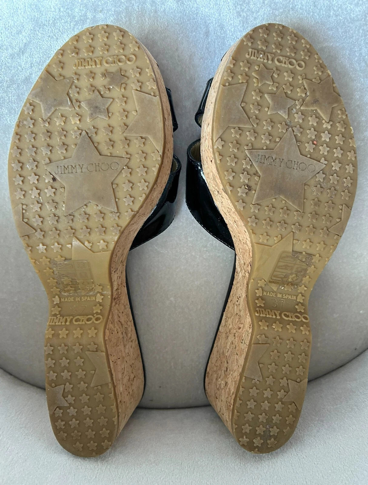 Jimmy Choo Black Patent Leather Platform Sandal Cork Wedges, Gold Toe, Size 37/7